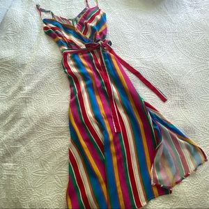 Blue Rain rainbow striped midi dress slit xxsmall